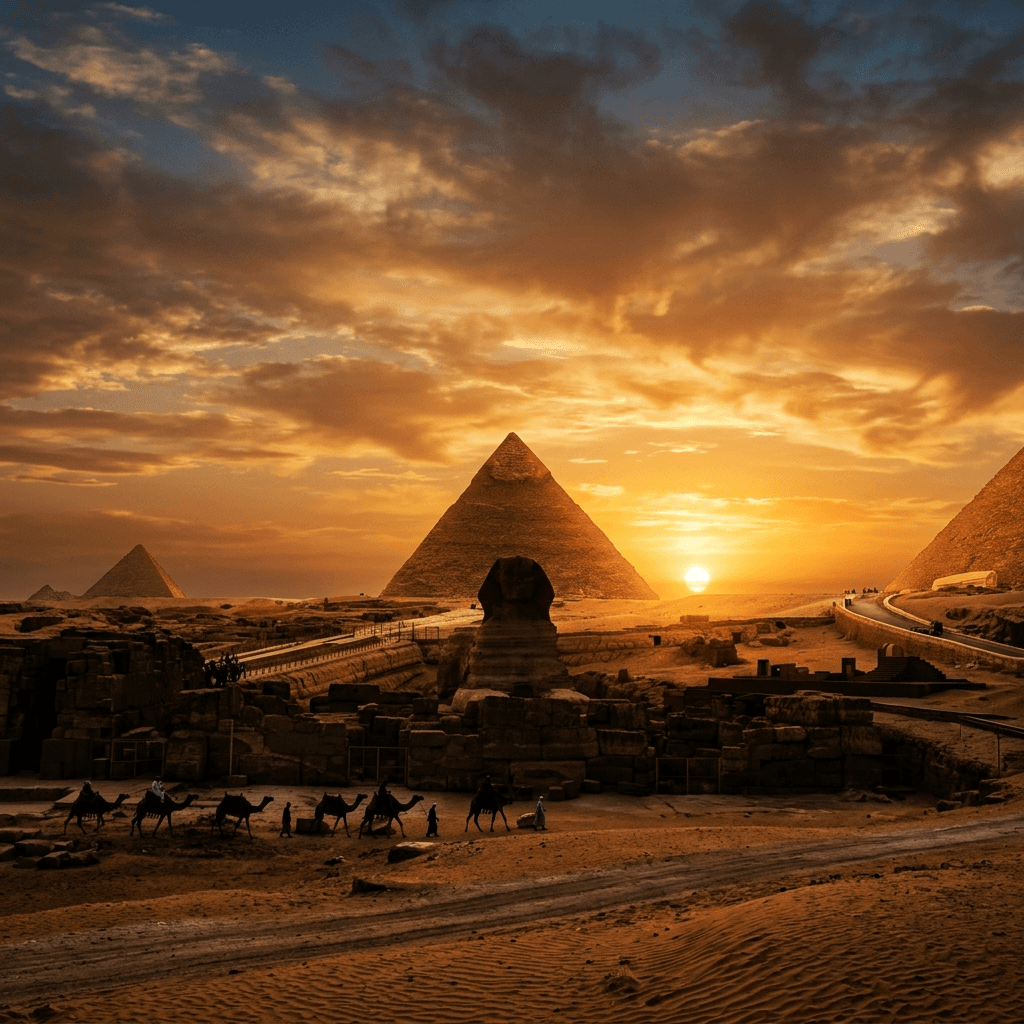 golden sunset over the ancient pyramids of Giza with the Sphinx silhouetted against a warm amber sky
